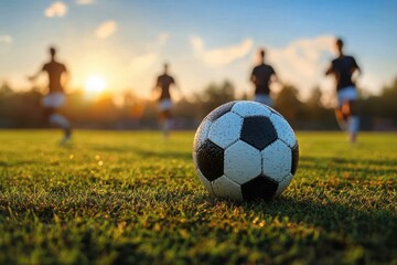 Fototapeta premium Close-up of a soccer ball on green grass field during sunset with four players running in the background spreading joy and energy