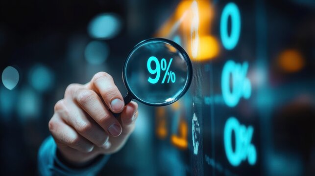 Hand holding magnifying glass focusing on 9 percent symbol on digital screen with blurred background
