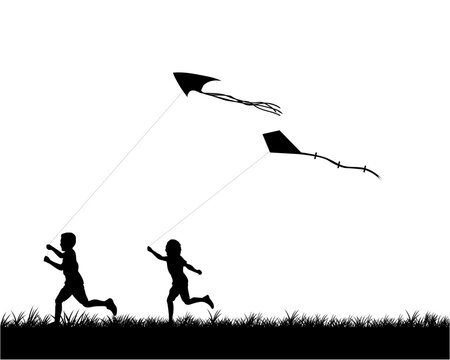 Silhouette of two boys playing happily with a kite, perfect for graphic design.