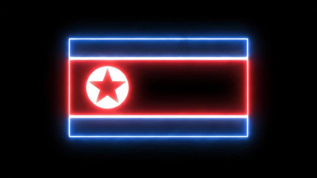 Neon North Korean Flag on Black Background - An illuminated North Korean flag is presented against a black background. The flag's colors are vivid red, white, and blue, video in a neon-like style.