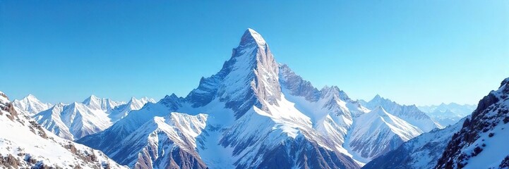 Majestic Snow-Capped Mountain Peak under a Vibrant Blue Sky A Crisp Winter Landscape Perfect for Travel, Adventure, and Nature-Themed Calendars, Websites, and Brochures.