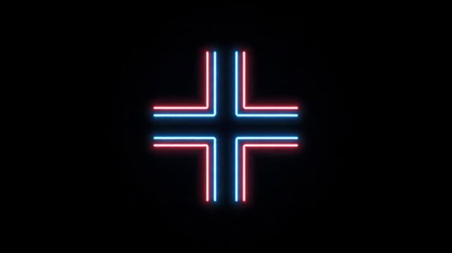 Neon Cross on Black Background - A glowing cross shape is formed by neon light against a stark black background. The design features two parallel lines in red and blue, creating a geometric effect.