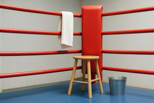 Minimalist boxing ring corner with stool, towel, and bucket on blue floor and red ropes, clean background and soft light. Ai generative. Ai generative