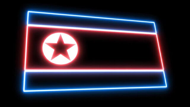 Neon North Korean Flag on Black Background - A glowing neon illustration of the North Korean flag against a stark black background.