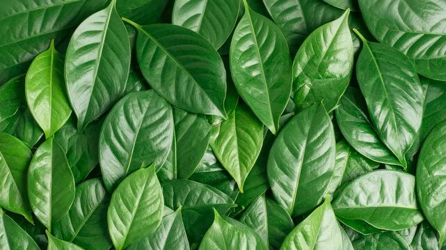 Close-up of vibrant green leaves, overlapping in a natural, lush arrangement