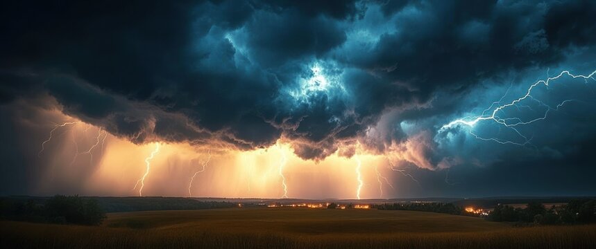 Dramatic lightning storm over a dark open field with ominous storm clouds and intense electrical discharges illuminating the sky