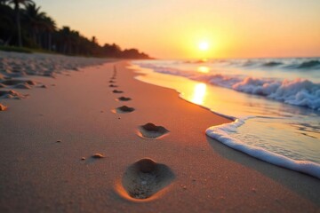 Tranquil Sunset Beach Scene Footprints Fading into Golden Sand, Evoking Peace and Serenity. Perfect for travel, vacation, and relaxation themes.