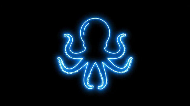 Neon Blue Octopus Silhouette on Black Background - This video features a stylized outline of an octopus glowing in neon blue.