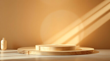 A minimalist wooden podium with geometric layers stands on a textured floor bathed in soft sunlight casting elegant shadows and a bottle sits nearby on a neutral backdrop