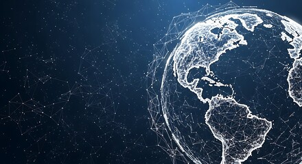 Digital globe illustration with interconnected network lines against a dark blue background, representing global connectivity.