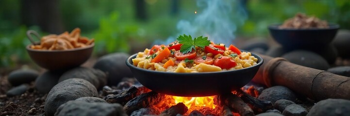Sizzling Campfire Meal Rustic Camping Dinner Cooked Over Glowing Embers in the Wilderness, Perfect for Outdoor Cooking and Adventure Stock Photos