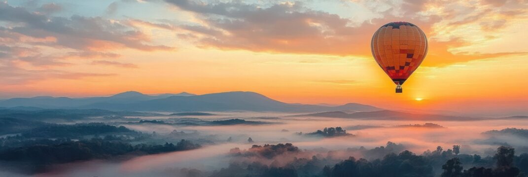 Colorful hot air balloon floating over misty forested mountains during a vibrant sunrise with soft clouds in the sky