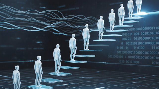career growth concept professionals ascending glass steps in digital data environment symbolizing promotion progress leadership and development