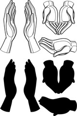 A collection of human hand illustrations in various poses, including line art and silhouette styles.