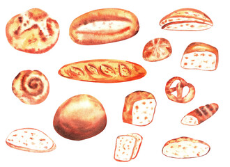 Bakery set. Whole loaf and sliced ​​for toast, bagels and buns, wheat and rye bread. Watercolor illustration of pastry collection