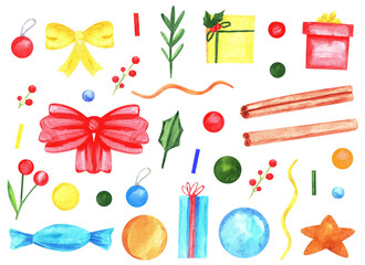 Watercolor Christmas set with fir branches, a gift, leaves, balls, berries, and bows. Cute winter Christmas elements.