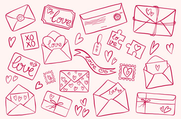 Love Letters and Valentine Envelopes Line Illustrations. Romantic Mail Vector Set. Valentines Day