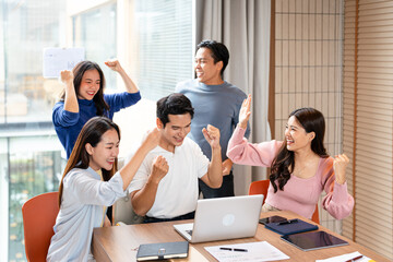 Obraz premium Creative people, success and high five in office for support, teamwork and collaboration with startup project. Concept of unity and teamwork.