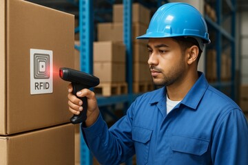 Warehouse worker scanning RFID tag on cardboard box with handheld device in storage facility, wearing blue uniform and helmet. Ai generative. Ai generative