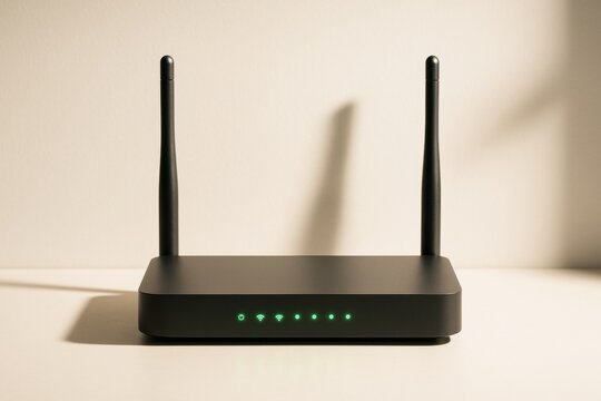 Wireless Wi-Fi router device with dual antennas and glowing green LED indicators on a desk with beige background, symbolizing modern technology concept. Ai generative