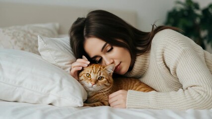 Young woman with orange cat lying on bed, cozy atmosphere - Powered by Adobe