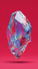 Abstract Iridescent Geometric Crystal Object Floating on Red Background, Reflecting Rainbow Colors