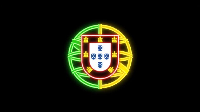 Glowing Portuguese Coat of Arms on Black Background - A digital illustration of the Portuguese coat of arms, video with neon-like glowing lines and colors.