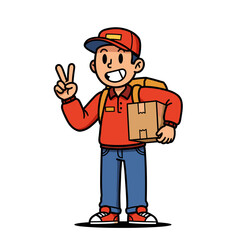 Smiling delivery person in red cap and shirt holds cardboard box and makes peace sign, wearing blue jeans and yellow backpack on plain background.
