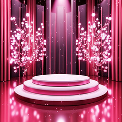 Glamorous Pink Stage Podium Pedestal Background with Sparkling Lights.