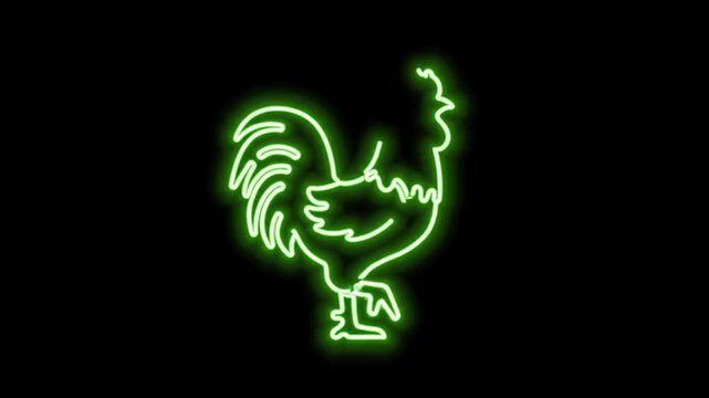 Green Neon Rooster Silhouette on Black Background - A bright green neon outline of a rooster is displayed against a stark black background.