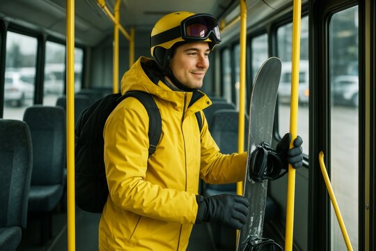Man in yellow ski gear holding snowboard on public bus, smiling while traveling to winter sports destination in snowy season background. Ai generative
