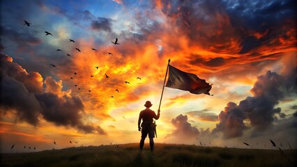 Silhouette of a man holding flag against a vibrant sunset sky with birds