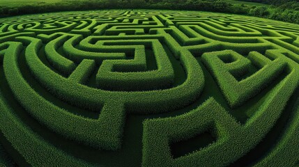 Naklejka premium Aerial view of a large, intricate green hedge maze surrounded by dense forest under soft daylight