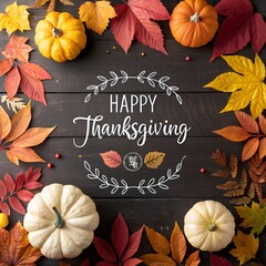Happy thanksgiving greeting card with pumpkins and colorful autumn leaves