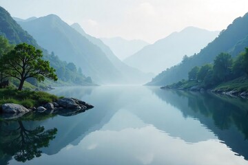 Serene Misty Mountain Reflections A Peaceful Zen Garden for Meditation and Mindfulness