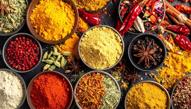 Overhead shot of colorful bowls filled with various spices and herbs - Powered by Adobe