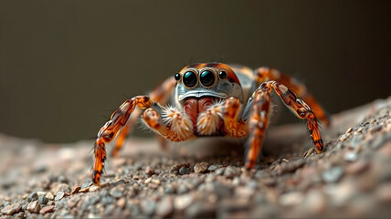 Close-up macro of a red crab or crab spider with claws and legs on a rock near the ocean or beach