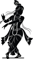 Silhouette of a dancing Krishna, a Hindu deity, adorned with traditional attire and a peacock feather.