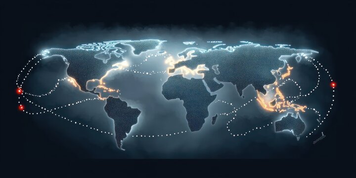 Glowing digital world map with highlighted trade or communication routes connecting continents and oceans against a dark background, symbolizing global connectivity and data flow
