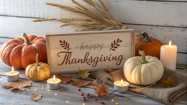 Cozy thanksgiving scene with pumpkins, candles, and a happy thanksgiving sign