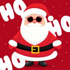 A cheerful Santa Claus wearing sunglasses and a red suit, with "Ho Ho Ho" text on a red background.