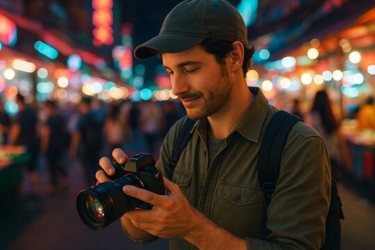 Photographer reviewing shots on digital camera at night market with colorful lights and bustling background during travel adventure. Ai generative