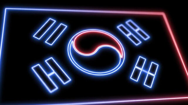 Neon Korean Flag on Black Background - A neon rendition of the South Korean flag, video with glowing blue and red lines, is displayed against a stark black background.
