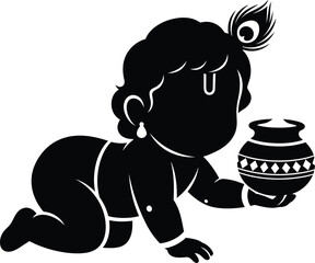 Fototapeta premium Silhouette of baby Krishna crawling with a pot of butter on a white background.