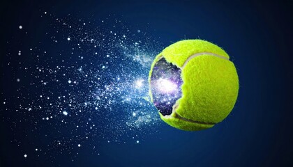 Cosmic Tennis Ball with Galaxy Inside on Dark Blue Background