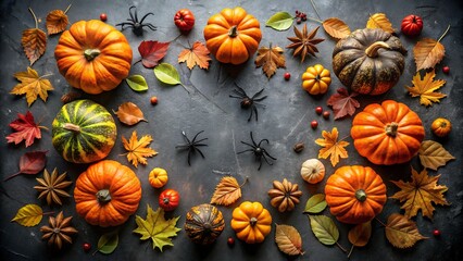 Fototapeta premium Halloween pumpkins, spiders, and autumn leaves on a dark background