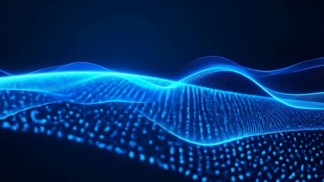 Abstract blue wavy bands flowing in a dark space, emitting a soft, cool glow