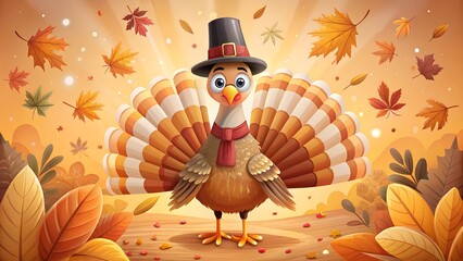 Funny cartoon turkey wearing pilgrim hat surrounded by autumn leaves