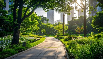 Pathway winds through a sun-drenched urban park with trees and greenery