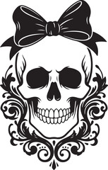 Ornate Skull with Bow Silhouette  Gothic Scrollwork and Bowtie Vector